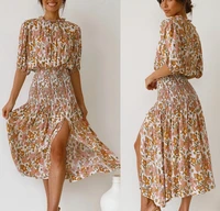 sundress bohemian floral fashion sexy2022spring and summer womens clothing print slit long dress retro v c