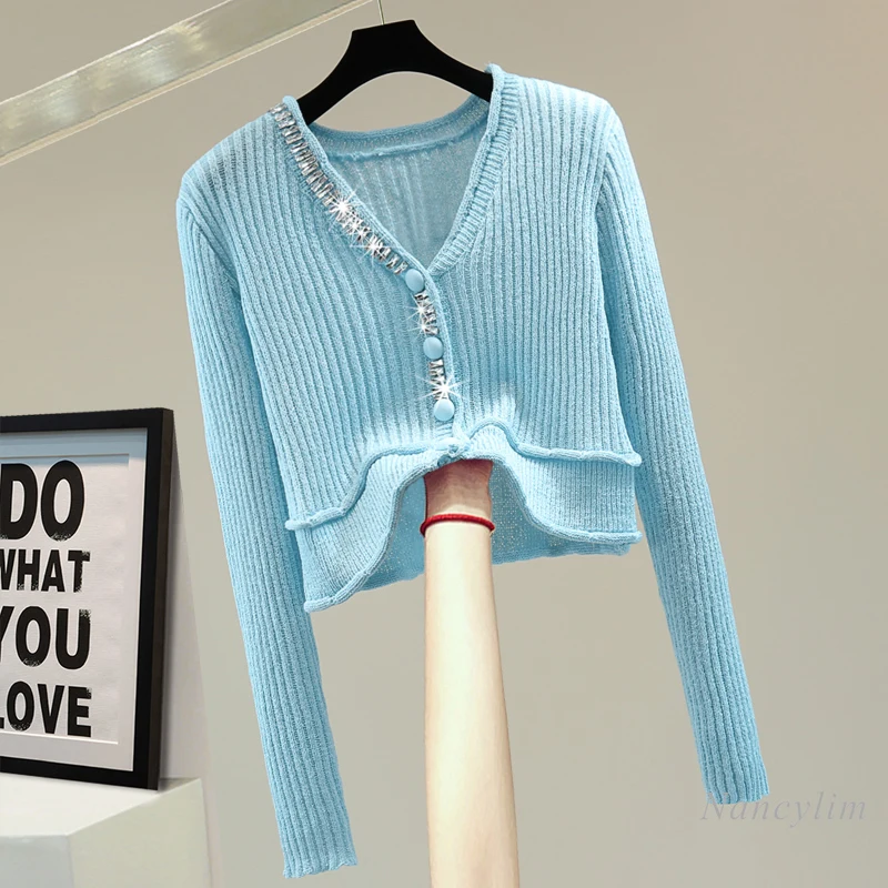 

Diamond V Neck Long Sleeve Ice Silk Knitted Tshirt for Women 2022 Spring and Summer Korean Style Slimming Skinny Top Ladies
