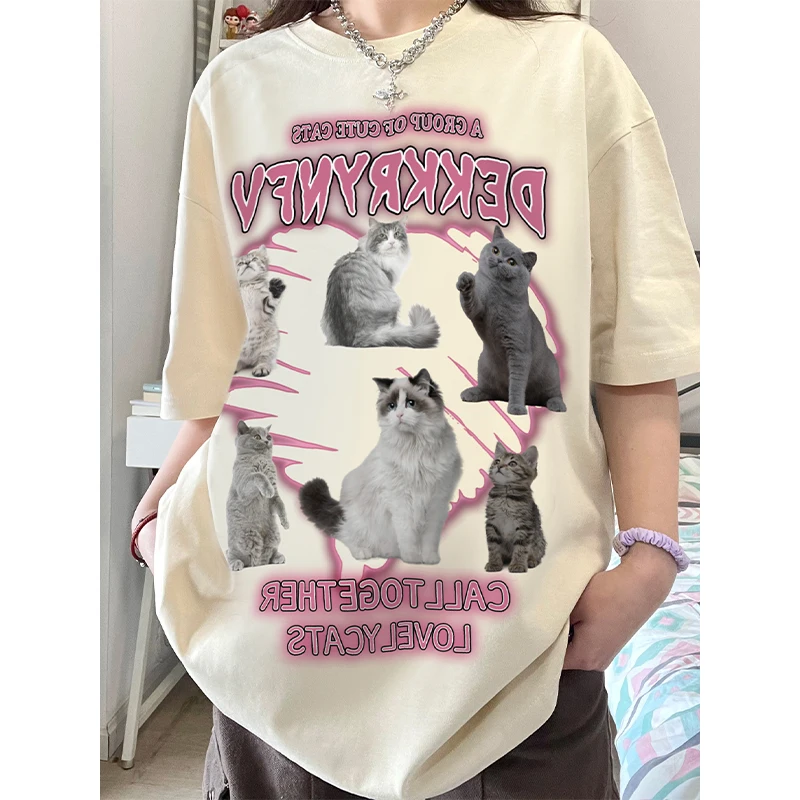 

American Vintage Half Sleeve Summer Loose Tshirts Cat Letter Print Tees Fashion Women Kawaii O Neck Camisetas Tops Y2k