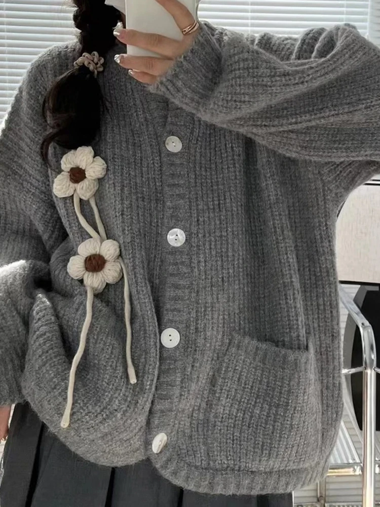 

Модный вязаный кардиган в Корейском стиле, женский осенне-зимний плотный свитер с длинным рукавом, женское милое повседневное однобортное Свободное пальто