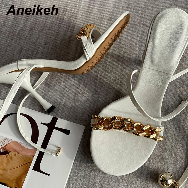 

Туфли Aneikeh для женщин с золотыми цепочками, пикантные сандалии на тонком высоком каблуке, модные вечерние туфли-лодочки с открытым носком, р...