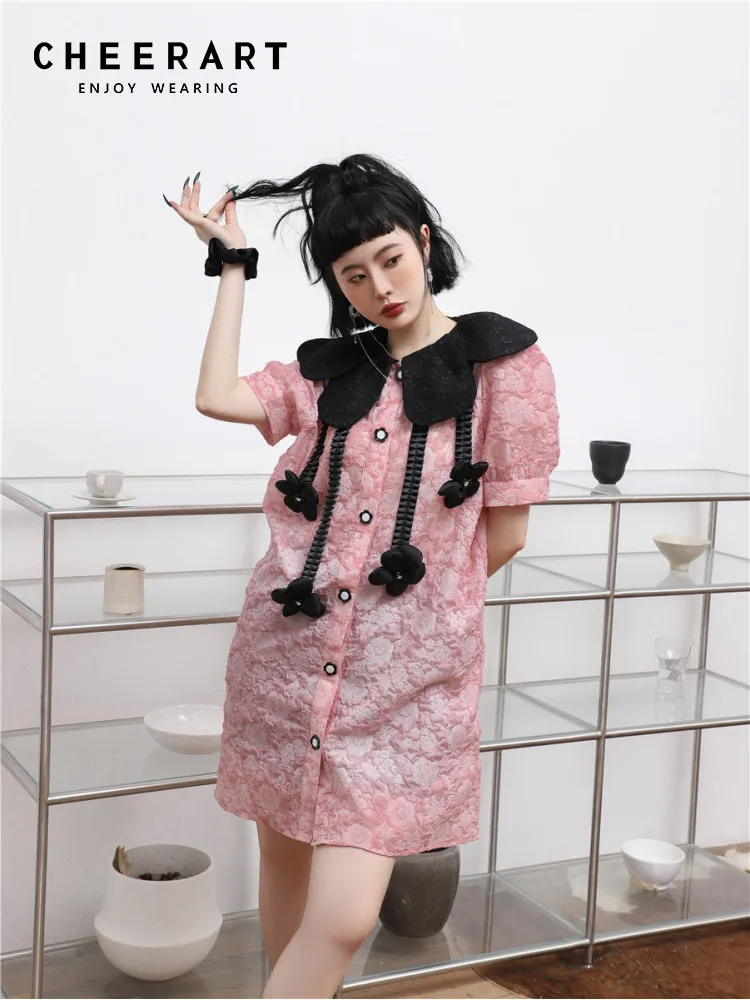 

CHEERART Pink Designer Puff Sleeve Jacquard Shirt Dress For Women 2022 Peter Pan Collar Button Cute Mini Dress Summer Fashion