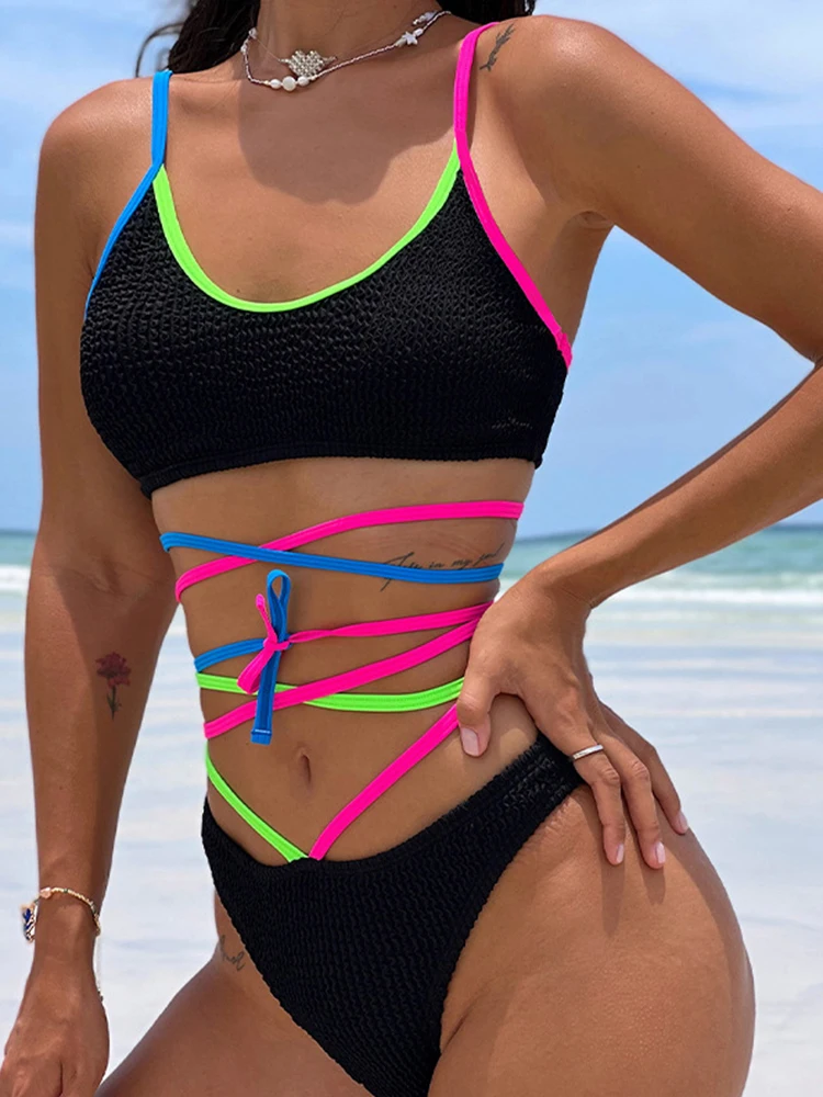 

Colorful Lace Up Waist Split Swimsuit Sling Solid Color Patchwork Two Piece Suit Swimwear Summer Beach Party Swimwear 2022 New
