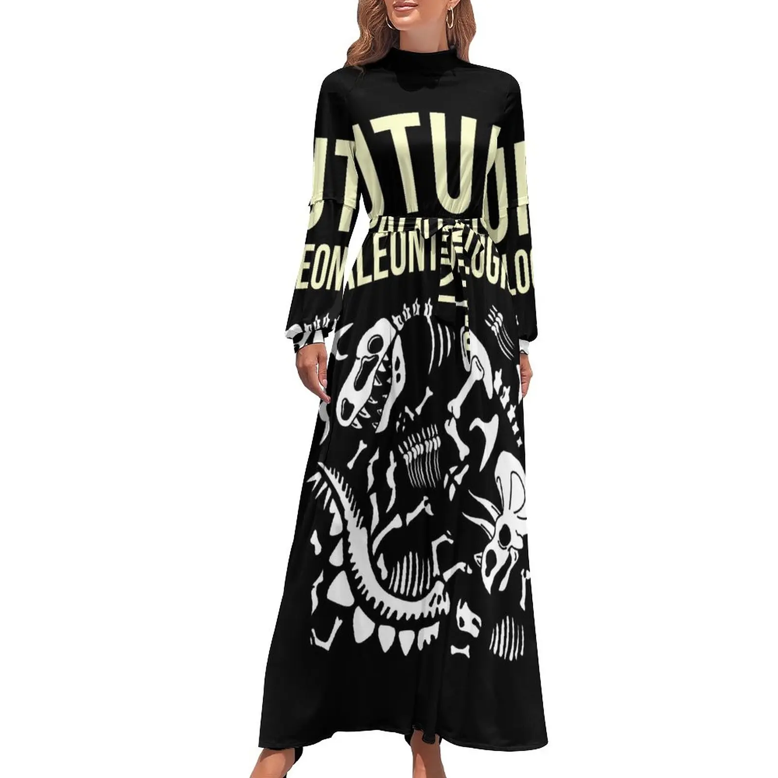 

Skeleton Dress Future Paleontologist Long Sleeve Maxi Dress Summer Aesthetic Boho Beach Long Dresses High Neck Print Clothing