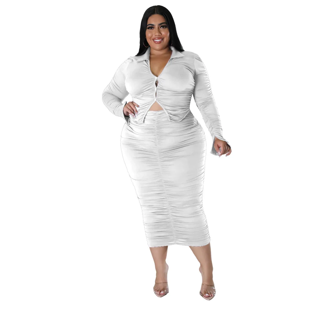 Women's Elegant Long-sleeved Plus Size Two-piece Set Of Solid Color V-neck Top Buttock Wrap Skirt Office Professional Suit