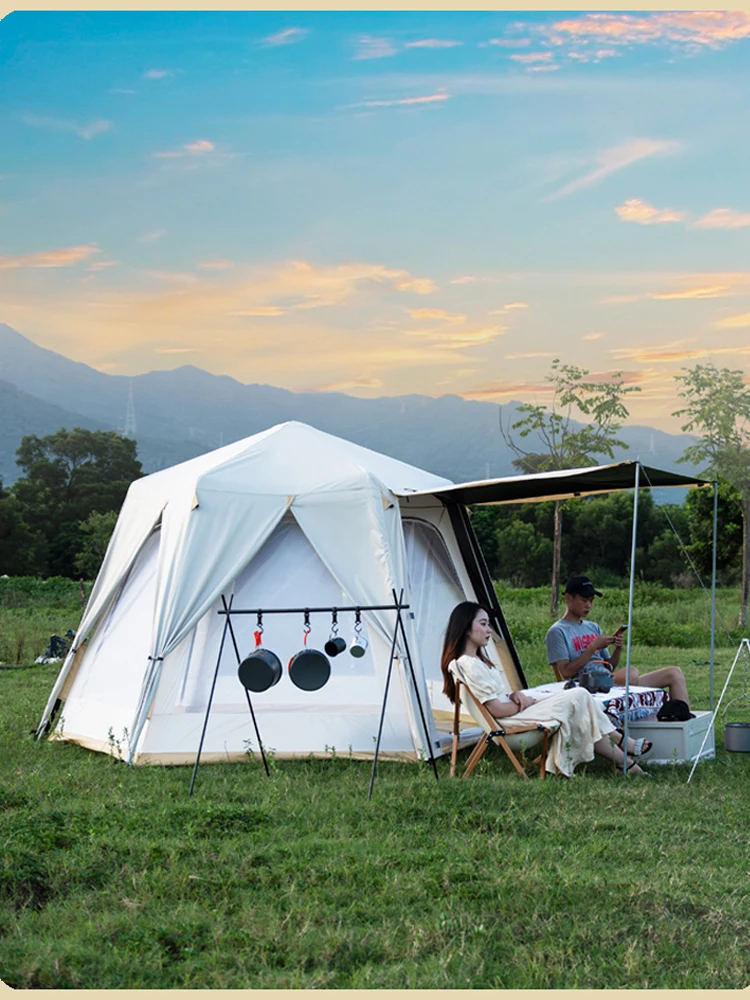 

Large Size 3-4Persons Outdoor Camping Hexagonal Vinyl Tent Automatic Double-layer Thickening Rain-proof Black Glue Shade Pergola