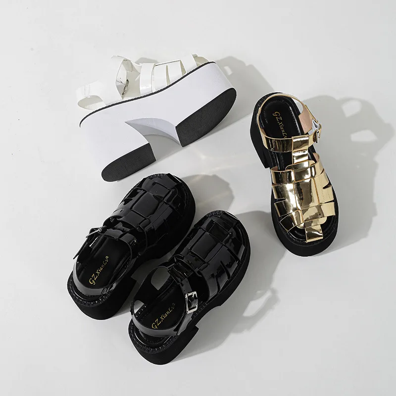 Chunky Platform Sandals Women Block Heels 10CM High Heel Closed Toe Roman Shoes Black Gothic Punk Sandals Buckle Strap Size 43