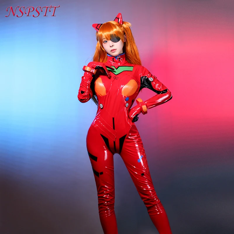 Фото NSPSTT EVA Asuka Langley Soryu Боевой Костюм Косплей Костюм Asuka Langley Soryu Карнавальная Вечеринка Женский Комбинезон Кожаная Одежда №2