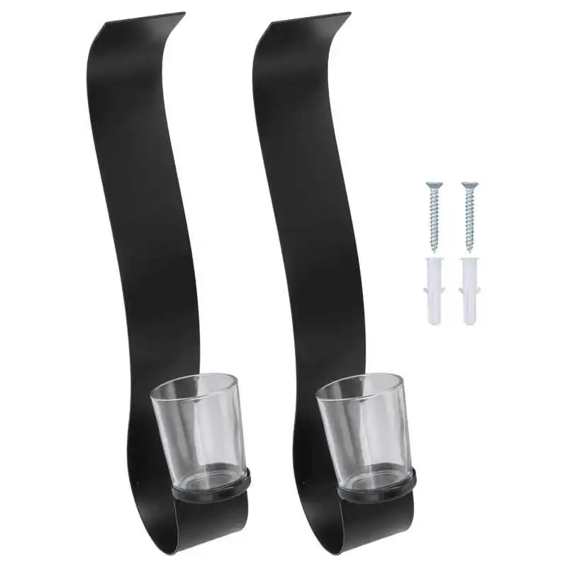 

2pcs Long S Shaped Wall Mounted Candlestick with Candleware Black Iron Wall Hanging Candle Tray Kit for Home Decoration