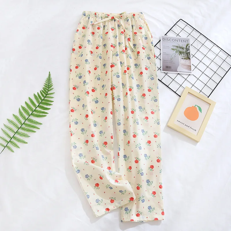 Plain Cloth Rural Floral Pajama Pants Female Summer Thin Encryption Cotton Side Pockets Home Large Can Be Worn Outside Trousers