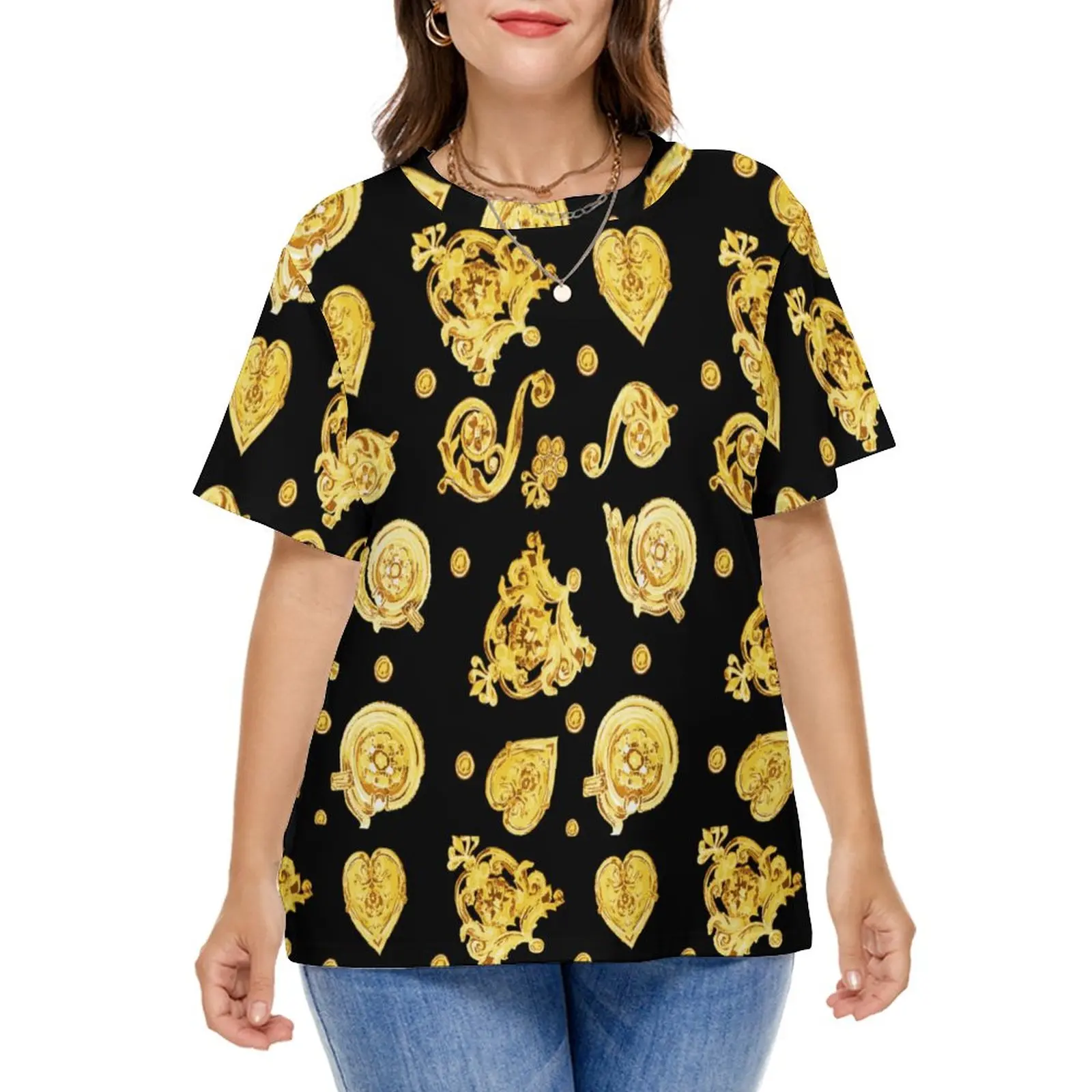 Metallic Gold T Shirt Metal Print Trendy T Shirts Summer Short Sleeve Casual Tshirt Women Basic Clothes Plus Size 6XL 7XL 8XL