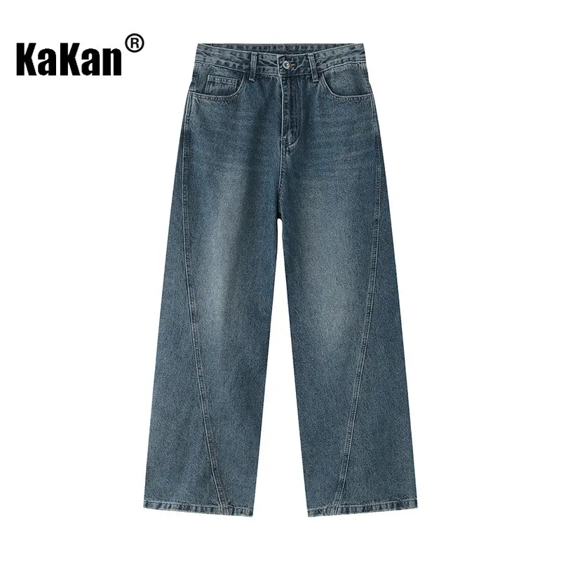 Kakan - New Korean Straight Tube Blue Jeans for Men, Loose Wide Leg Minimalist Retro Long Jeans K50-297