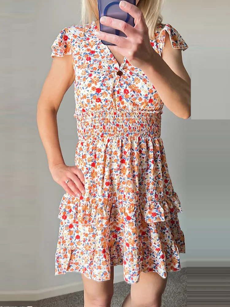 

Женское повседневное пляжное платье с V-образным вырезом, элегантное платье с цветочным принтом и оборками без рукавов, ТРАПЕЦИЕВИДНОЕ ПЛАТ...