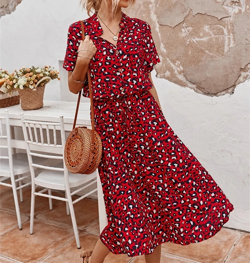 

Summer Polka Dot Midi Dress Women 2022 Casual Lace Up Button Long Shirt Dress Robe Female Loose Bohemian Beach Dresses Vestidos