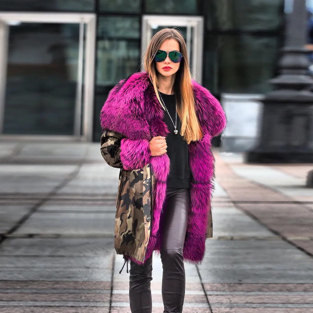 High Quality Winter Jacket Ladies Faux Fur Collar Hooded Long Padded Jacket Coat Warm and Thick Coat Women Fashion Print Parker