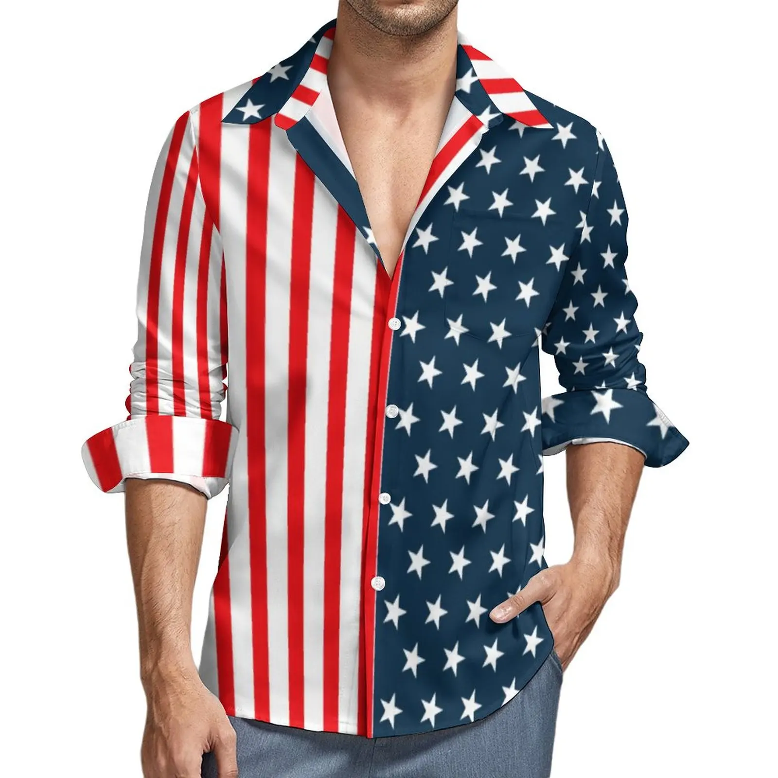 American USA Flag Print Y2K Casual Shirt Mens Stars And Stripes Shirt Autumn Fashion Blouses Long Sleeve Graphic Oversized Tops