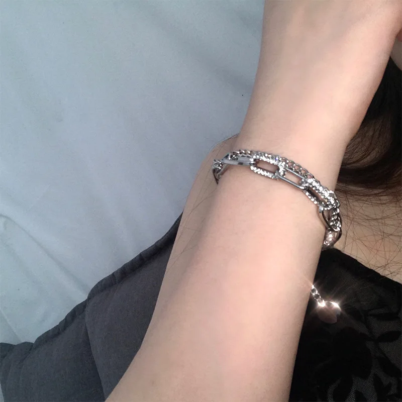 

JanYee Double Layers Full of Pullout Rhinestones Bracelet for Women New Trendy Square Zircon Jewelry Gift for Girl Free Shipping