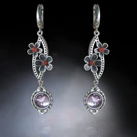 bohemian summer floral purple stone drop dangle earrings tibetan silver pink daisy flower pendant earrings vintage ethnic style