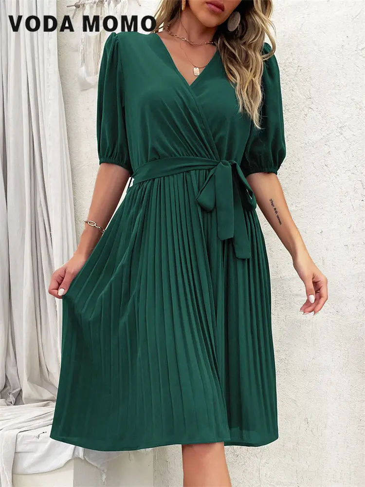 

2023 Women's Summer New Fashion Leisure Lace Up V-Neck Short Sleeve Solid Color Pleated A-Line Long Dress Elegant For Female