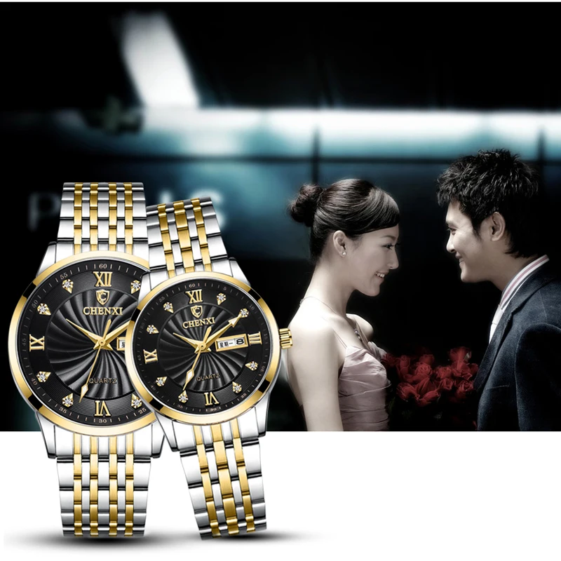 New CHENXI Couple Watch Free Shipping Women And Man Stainless Steel Week Calendar Quartz Wristwatch Business His Hers Watch Sets
