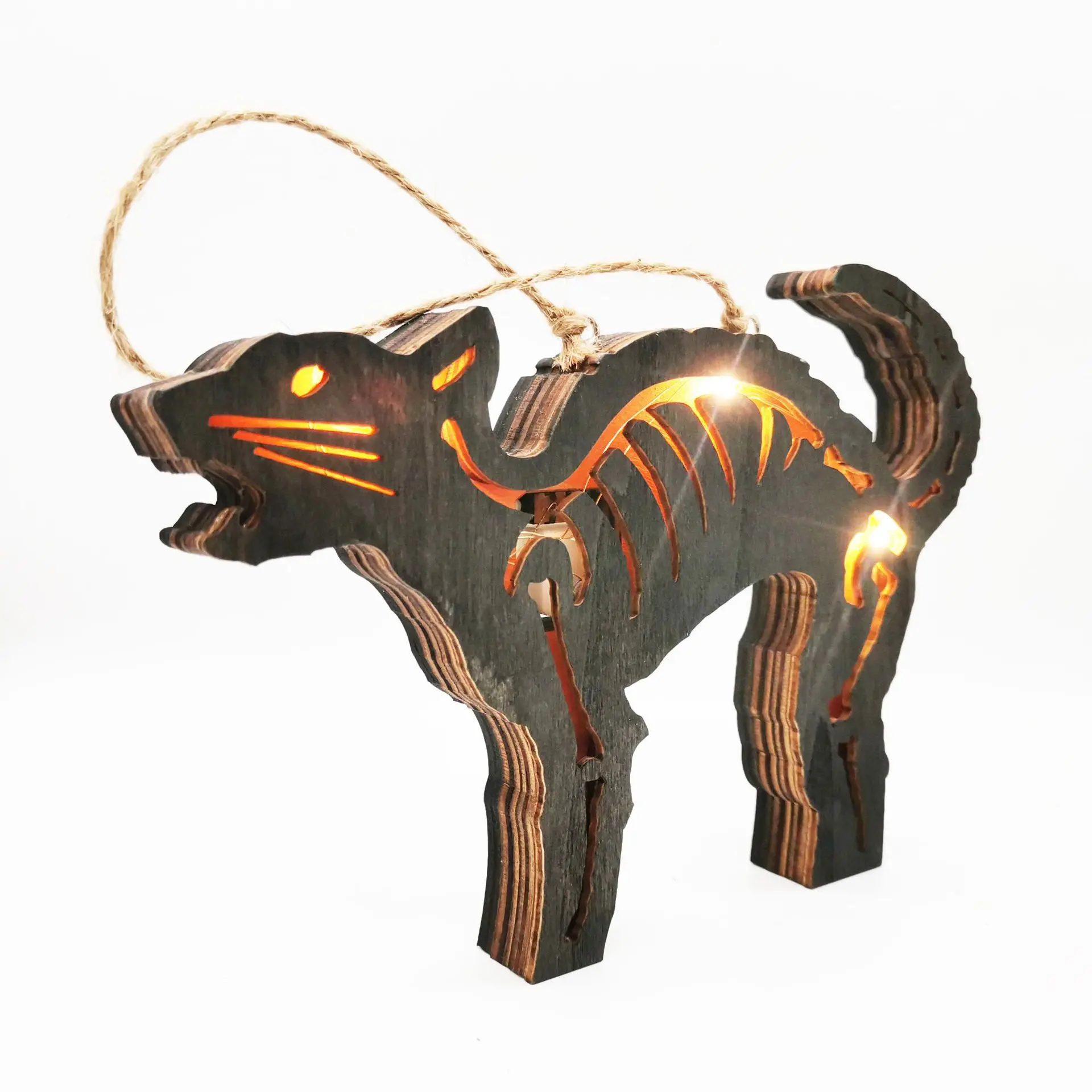 

Украшение на Хэллоуин, деревянный кошачий Скелет с отверстиями, светодиодный светильник, настенные подвесные дверные украшения, аксессуар...