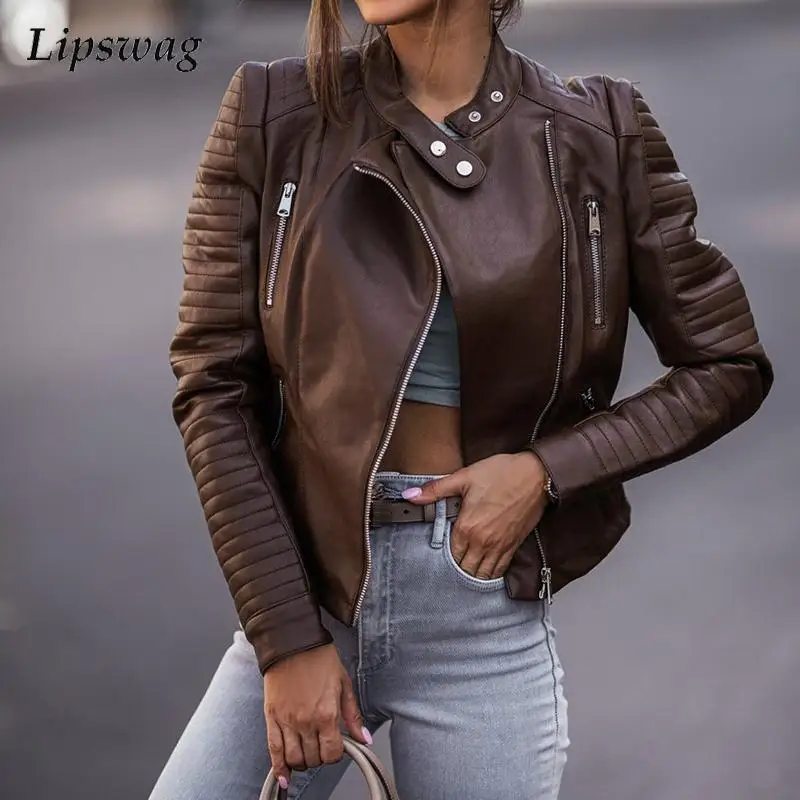 

Autumn Casual Long Sleeve O Neck Zipper Jacket Women Winter Fashion Solid PU Leather Button Coat Lady Slim Fit Commuter Jackets