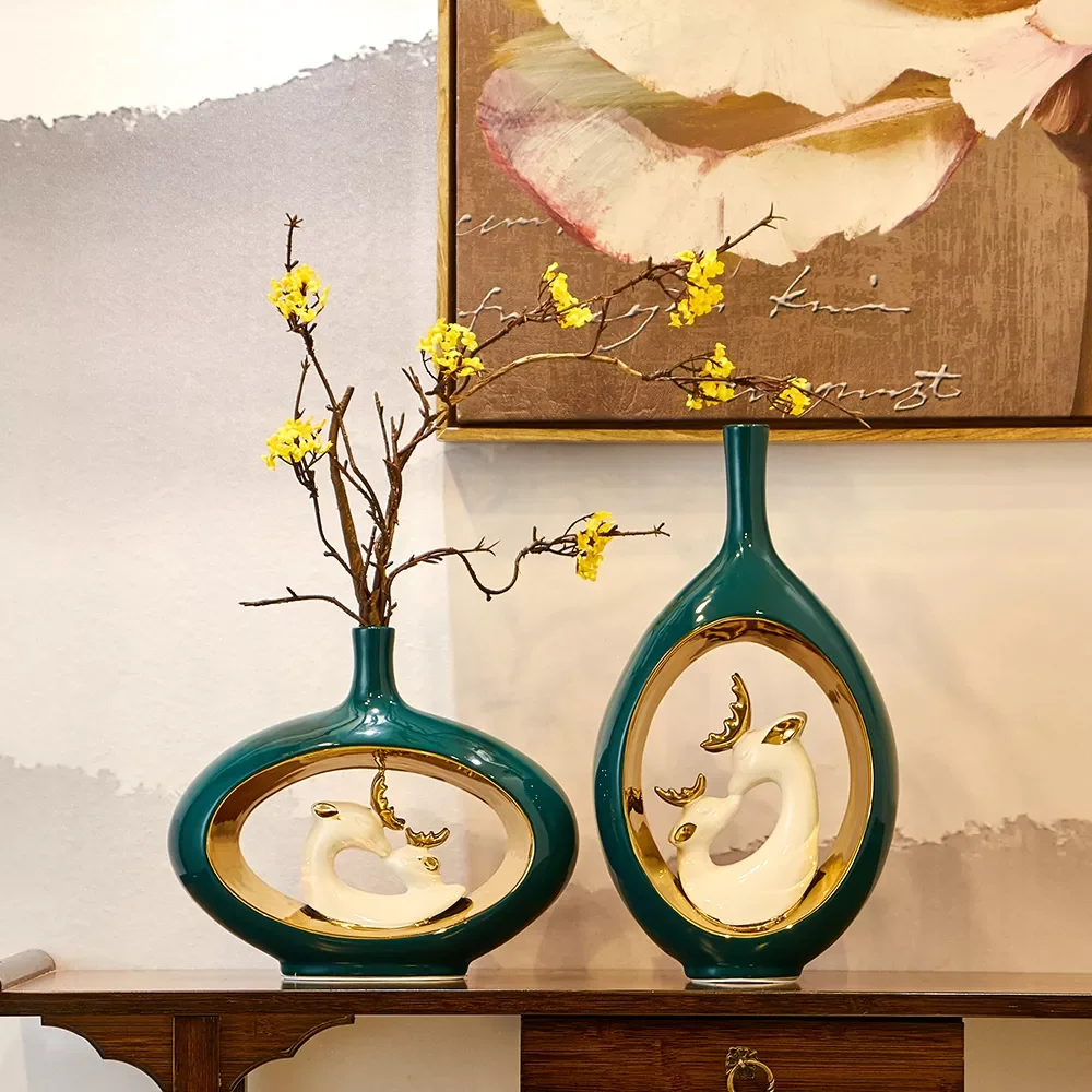 

Скандинавская керамическая ваза, роскошная ваза с оленем, композиция из сухих цветов в китайском стиле, домашнее украшение для гостиной, на...