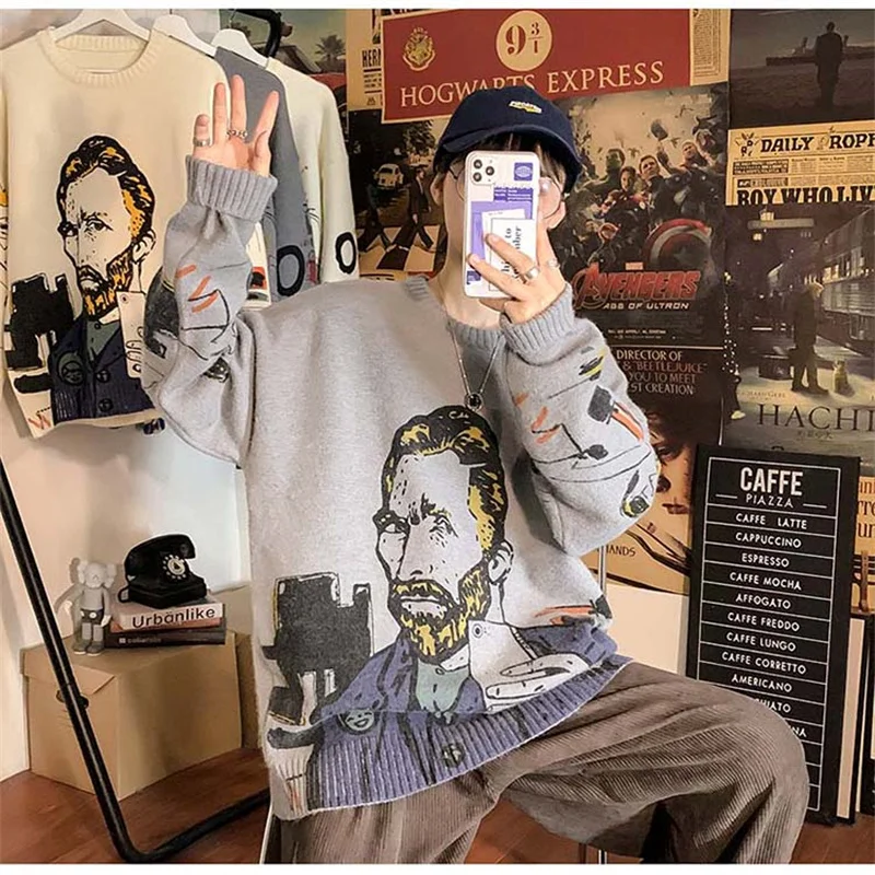 

Van Gogh Sweater Men Fashion Streetwear Long Sleeve Korean Gengar Clothing Human Kapita Brand Oversized Y2K Women Knit Pullover