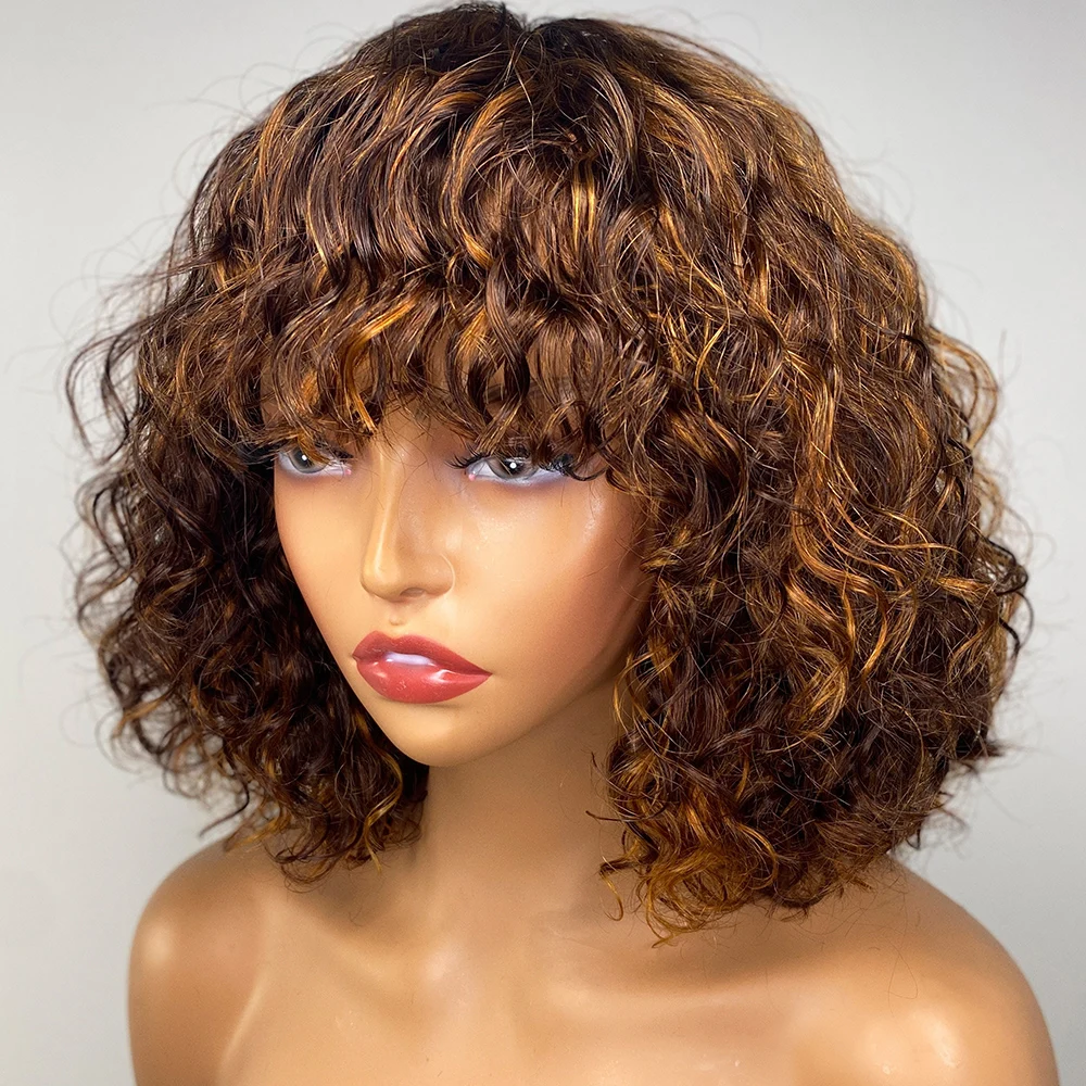 

Highlight Jerry Curly Human Hair Wigs With Bangs Full Machine Made Wigs Honey Blonde Colored Wigs For Women Peruvian Remy Hair