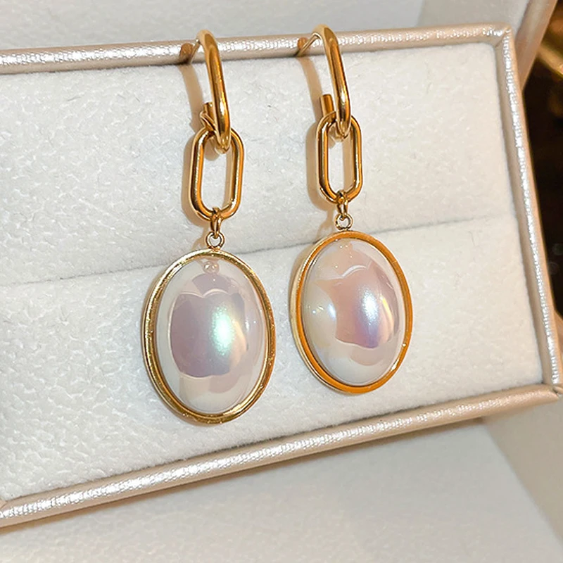 

Anti-Allergic Pearl Earrings Pendant Oval Women Earrings French Vintage Gold Plated2023 New Year's Party Cute Girl Gift