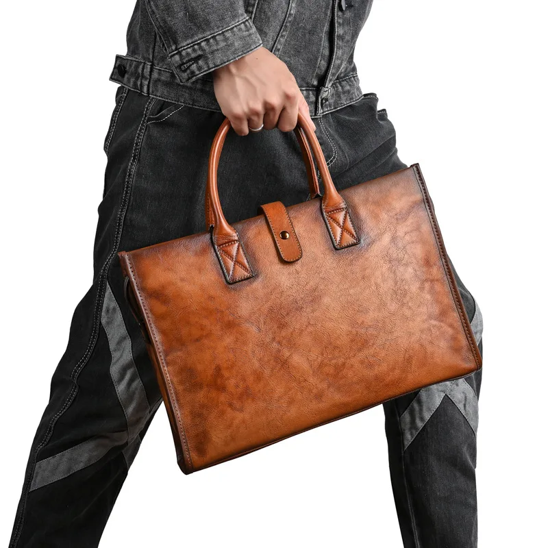 Men Vintage Genuine Leather Briefcase Handmade Cowhide Laptop Handbag Casual Male Shoulder Messenger Bag Fashion Tote Bag