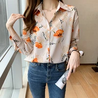 flower print chiffon shirt for women casual office lady commuter lapel long sleeve button blouse chemise femme blusa feminina