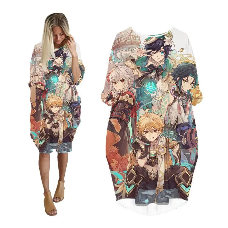 

cartoon 3d batwing pocket dress women streetwear long sleeve fashion dresses casual harajuku plus size clothing anime clothes