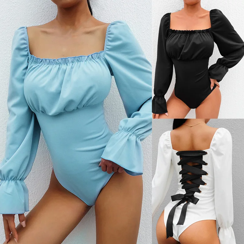 

Women Autumn Open Back Top Sexy Backless Princess Costume Long Sleeve Bodysuit Girls Light Blue Bandage Skinny Ladies Bodysuits