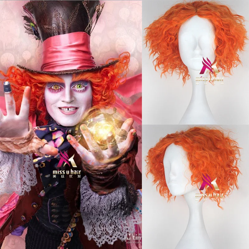 

Alice in Wonderland Two mad hatter tarrant hightopp wig short curly orange hair role play halloween alice through wig cap