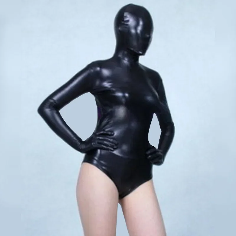 

Custom Made Black Elastic Leather Full Body Glue Coated Glossy Lycra Jumpsuit Men's and Women's Fetish Zentai Suit SM Bodysuit