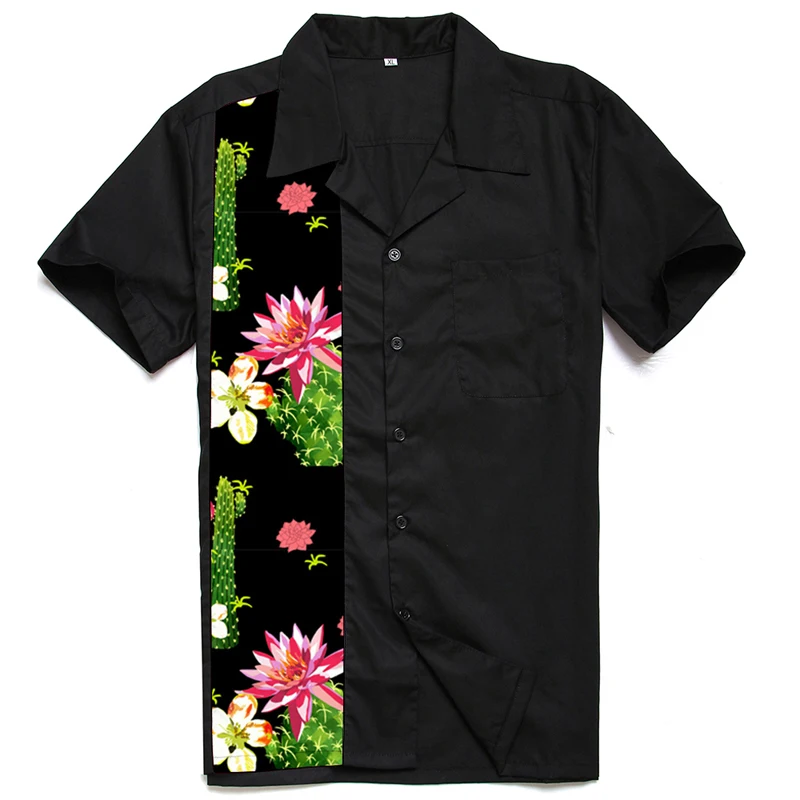 

1950s Rockabilly Shirt Men Vintage Western Punk Shirts Cactus FloraPrint Patchwork Short Sleeve Rolling Rock Shirt Mens Clothes