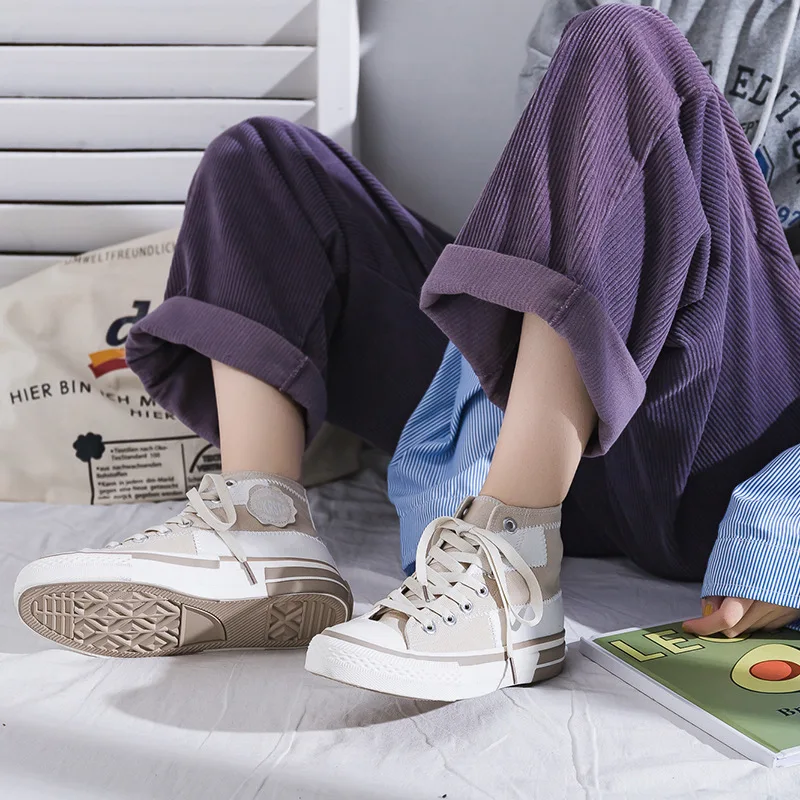 Spring 2023 New Women's Canvas Shoes High Top Fashion Trendy Plaid Patchwork Casual Shoes Female Student Korean Version Sneakers