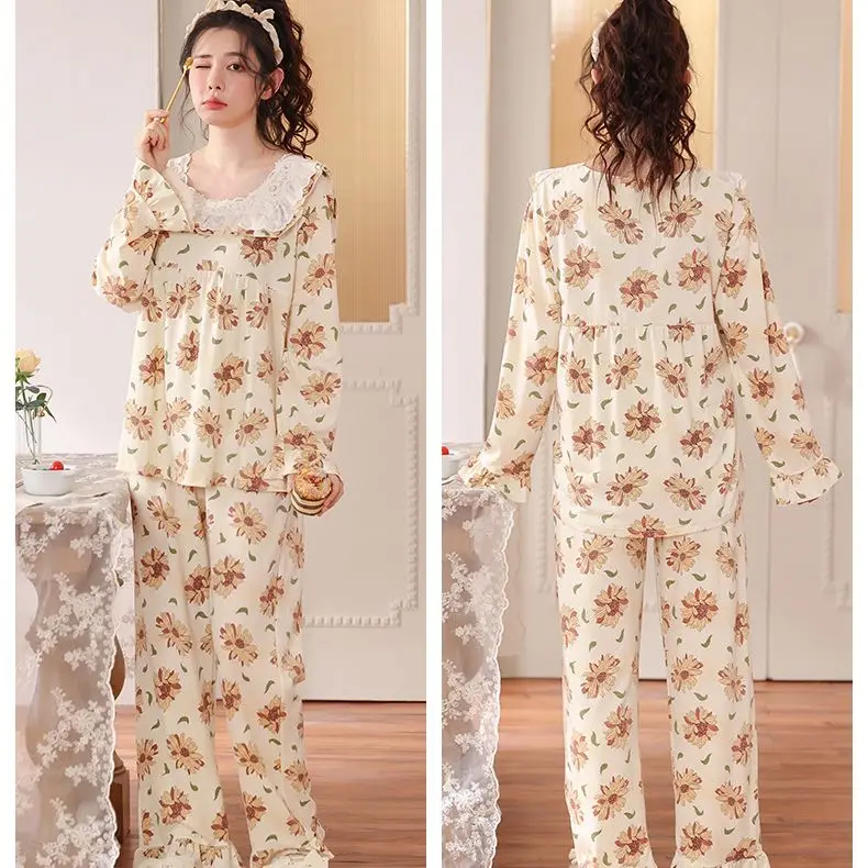 Yasuk Spring Autuum Fashion Women's Casual  Lace Square Collar Sleepwear Homewear Lovely Sweet Pajamas With Pants Soft Sunflower