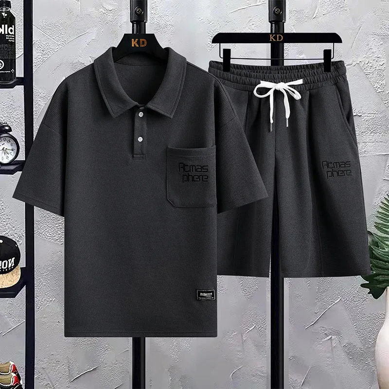 Men's Waffle Polo Shirt 2023 New Summer Leisure Sports Suit Letter Embroidered Lapel Short-Sleeved Shirt
