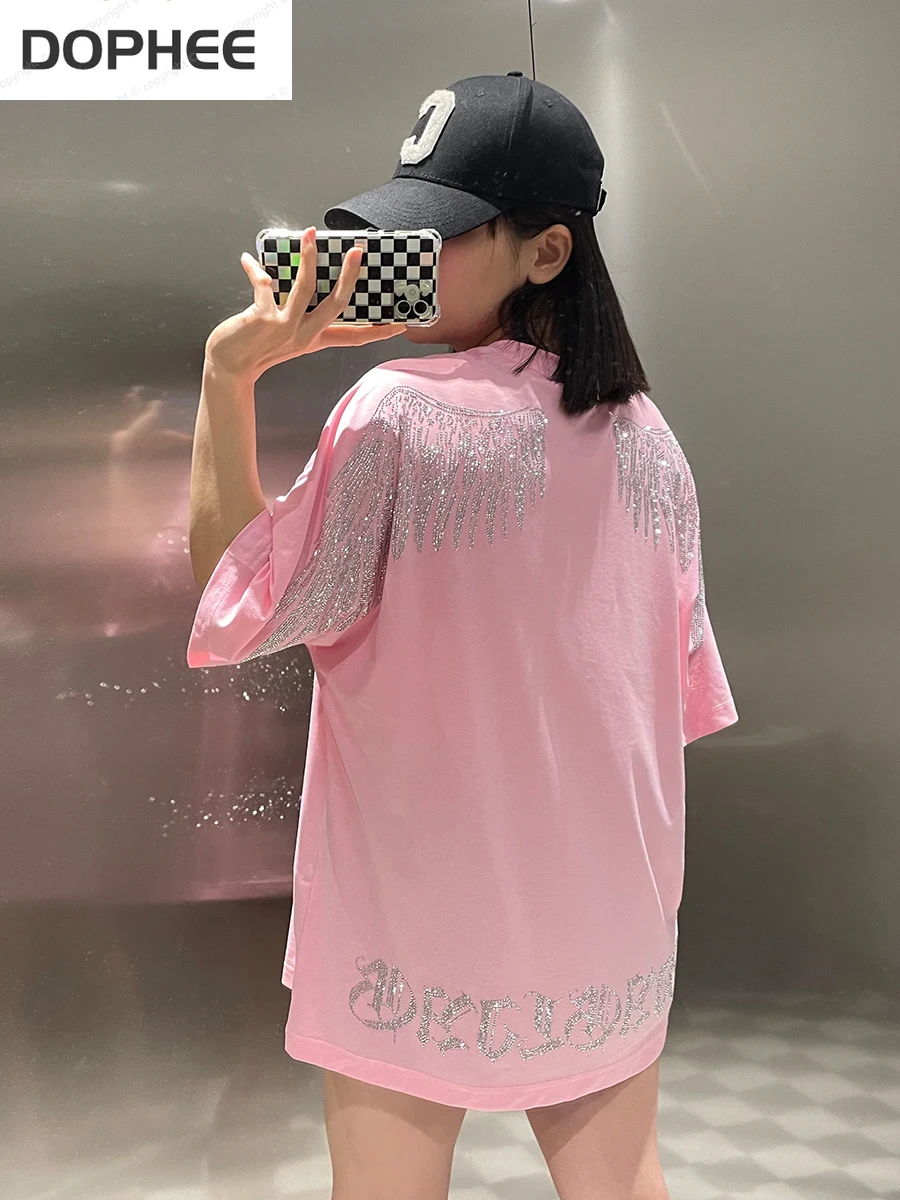Cute Cartoon Pink Age Reduction Top for Women Blingbling Hot Drilling Wings Summer Short Sleeve T-shirt  Loose Streetwear Tees
