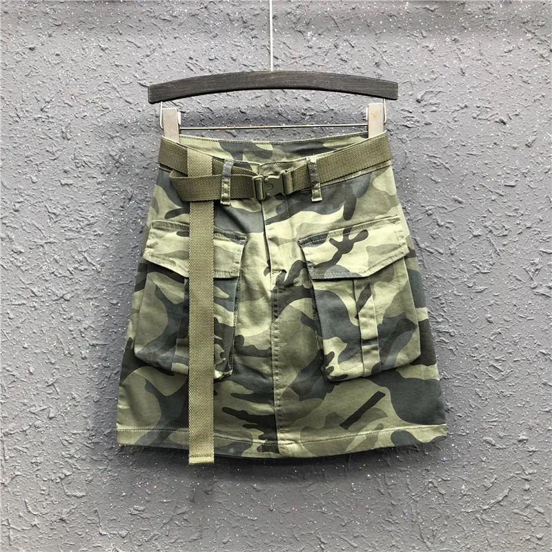 A-line Bodycon Skirts Women's Summer New Style Personality Big Pocket High Waist Slim Camo Denim Skirt Camouflage