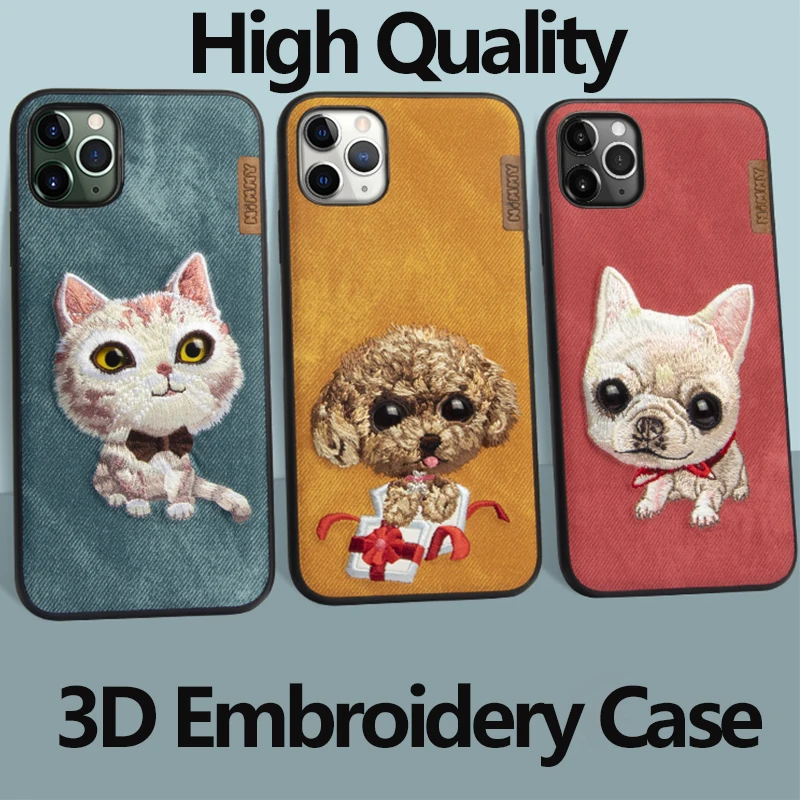 

3D Embroidered Cute Cat Pug Dog Teddy Panda Leather Phone Case For iPhone 12 Pro Max Protective Back Cover For iPhone 11 12 Mini
