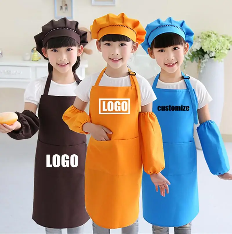 Kids Aprons Custom Logo Front Pocket Bibs Boys Girls Aprons Kitchen Kids Handmade Aprons Kids Painting Cooking Baby BakingSchool