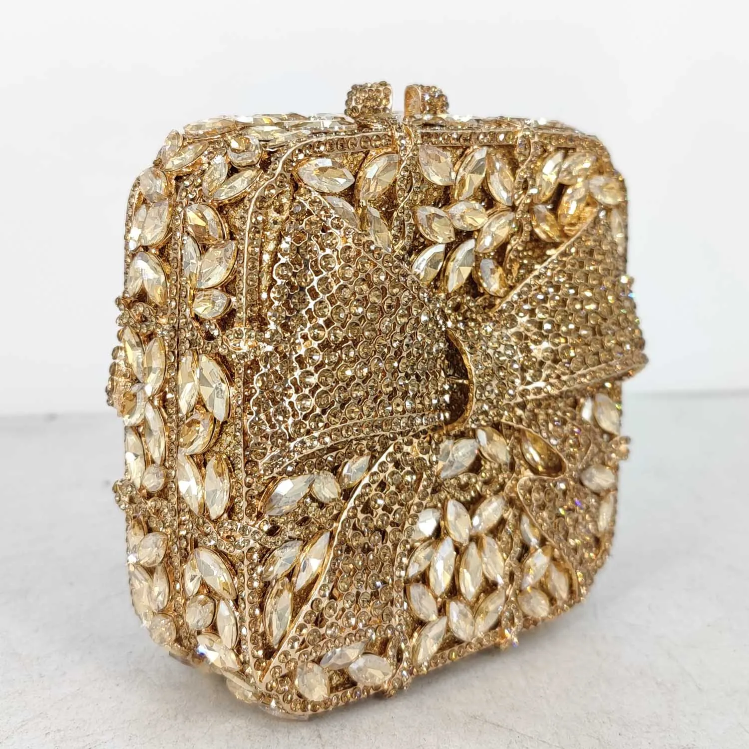 Boutique De FGG Elegant Women Crystal Box Clutch With Bows Evening Bags Fashion Party Dinner Rhinestone Handbags and Purses