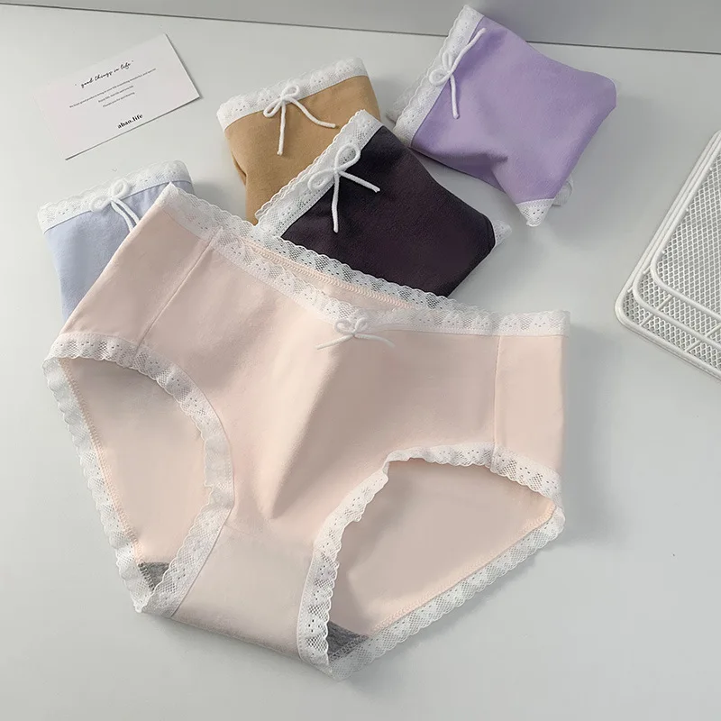 63PCS Korean 50S Combed Cotton Underwears Ladies Seamless Mid-rise Breathable Lace Edge Young Women Briefs 7 Colors Wholesale