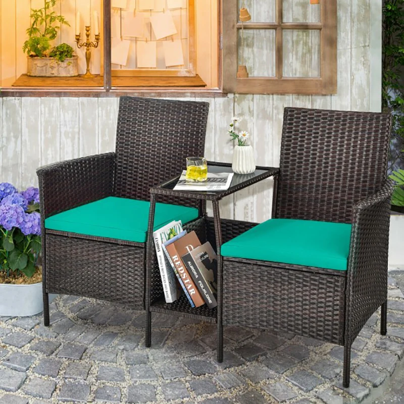 

Patio Rattan Wicker Conversation Set Sofa Cushioned Loveseat Glass Table Leisure Garden Office Living Room Tables and Chairs