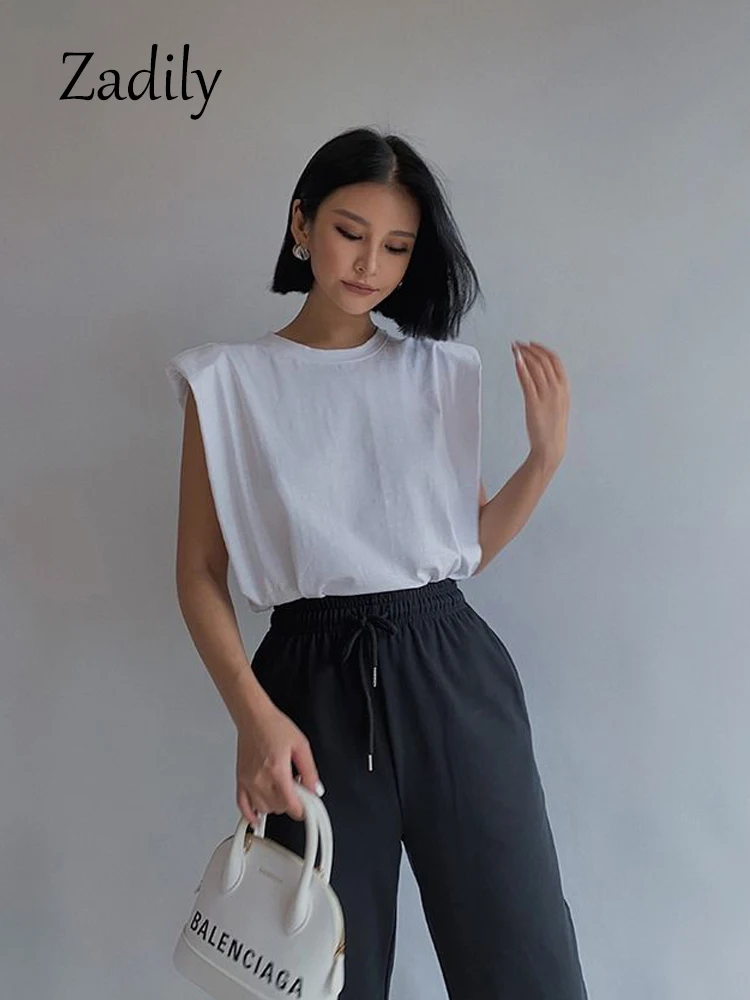 100% хлопок белая женская Футболка с рукавами минималистичные плечевые накладки
