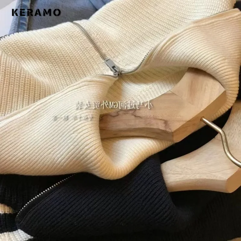 Женский трикотажный пуловер на молнии повседневный свободный свитер в полоску с