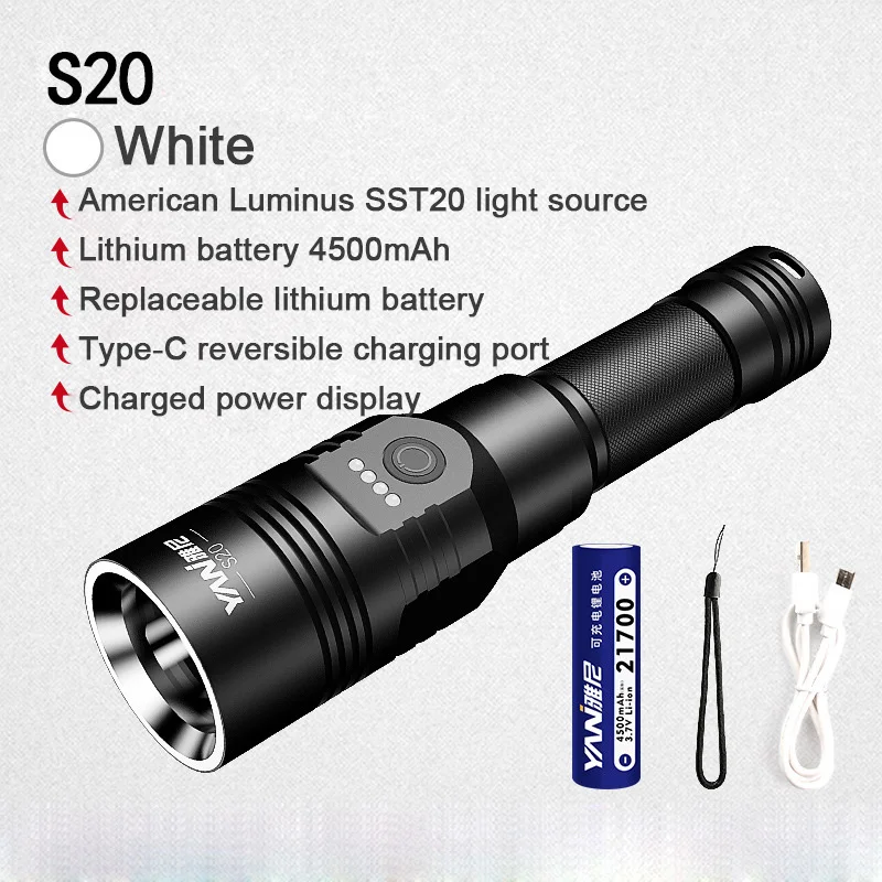 4500mAh Led Glare Flashlight S20 Luminus SST20 300m Ultra-bright Rechargeable Torch Aluminum Alloy Searchlight for Repair Patrol